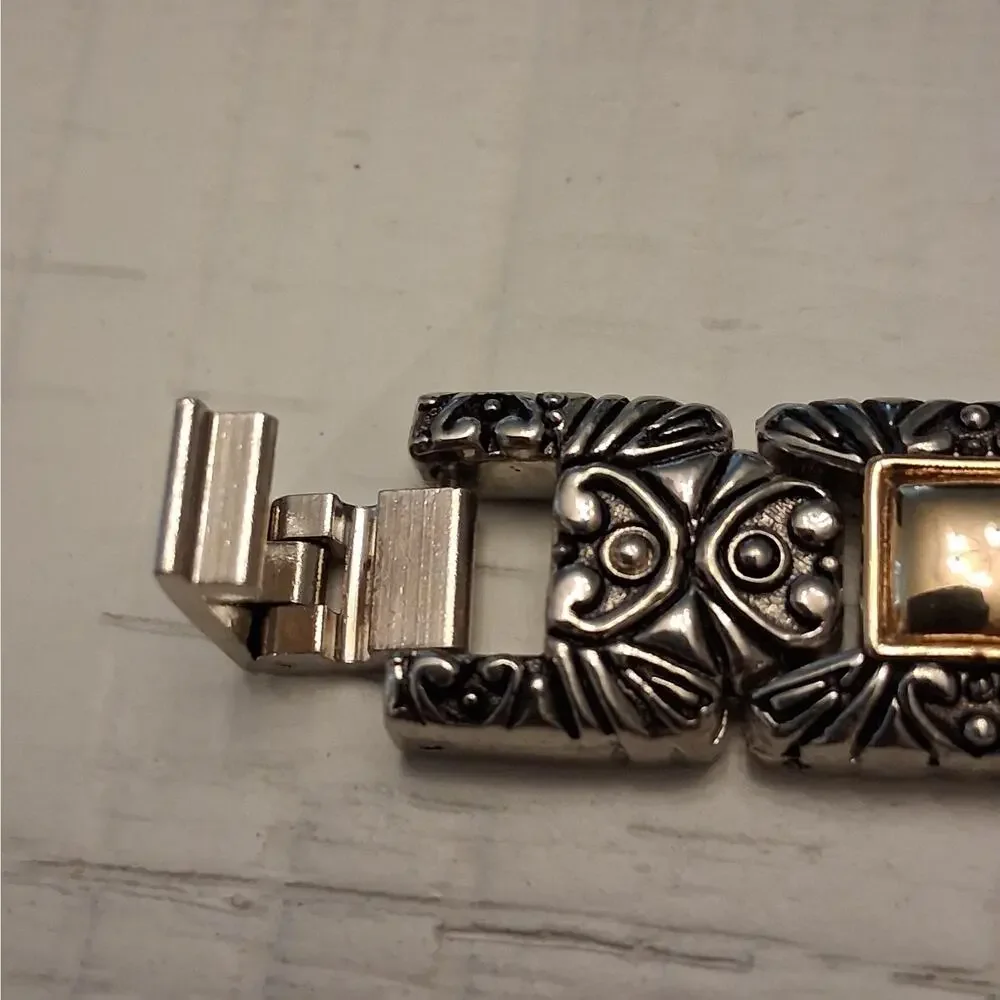 Silver Tone Vintage Style Bracelet with Red Rhinestones